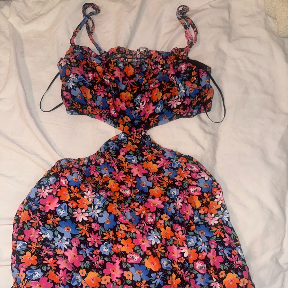 Blue and Orange Ruched Spaghetti Strap Sundress